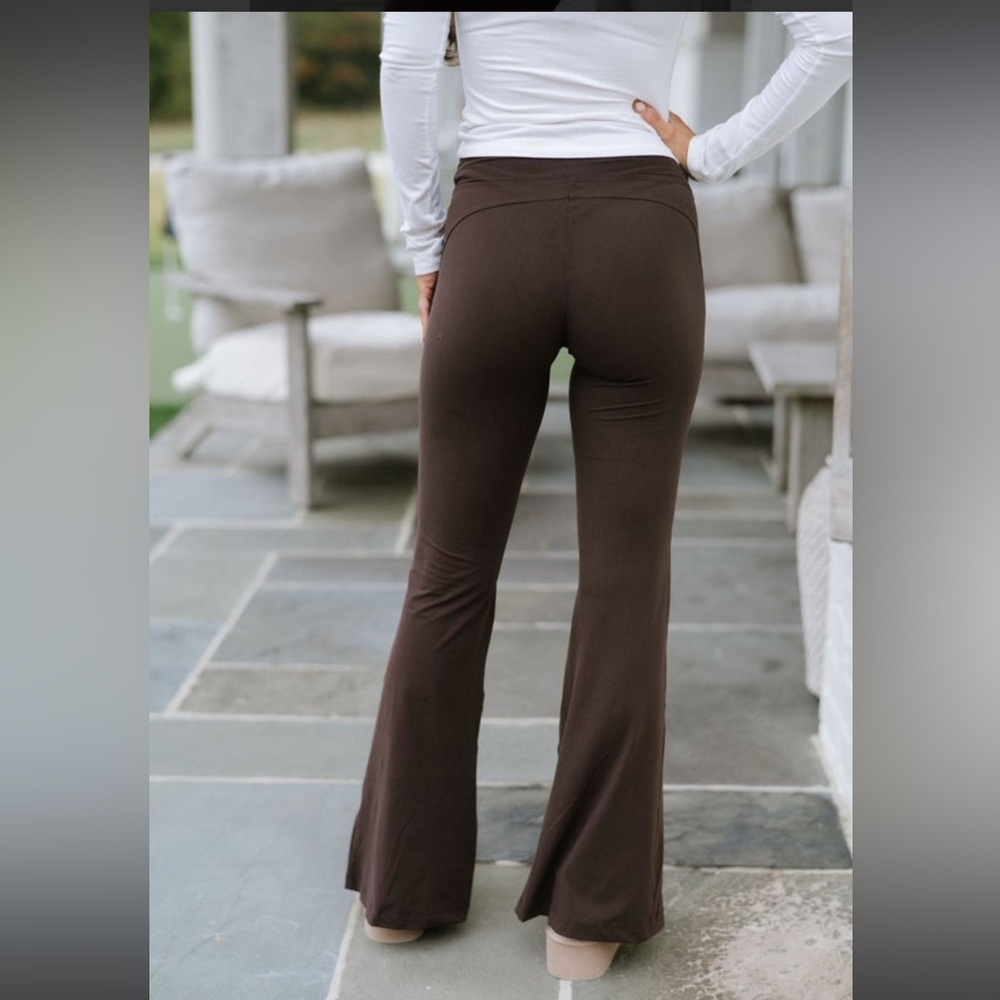 These Three Butter Soft High Waist Flare Leggings w front slits - Espresso - Picture 3 of 7